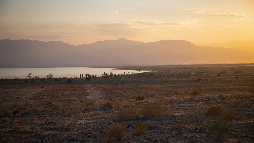 Dust particles fill the air with low sunlight filling the sky. A desert landscape with mountains in the background.