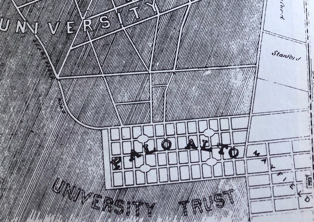 Developer Alexander Gordon originally called his 160-acre subdivision "Palo Alto," shown here in this 1888 map. He changed the name to College Terrace after an irate Leland Stanford paid a $1,000 settlement for the right to use the name Palo Alto in selling his University Park lots. Image courtesy Bo Crane.