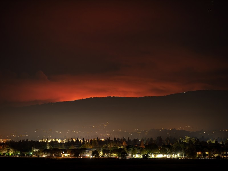 An orange glow and smoke from the CZU Lightning Complex fires in the Santa Cruz Mountains in San Mateo County are seen from the Palo Alto Baylands  on Aug. 20, 2020. Photo courtesy Brian Krippendorf.