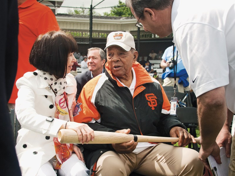 Willie Mays is shown "the key" to the Willie Mays Ballpark by Bob Hellman before the opening ceremony for the Homer Field Willie Mays Ballpark on May 9, 2015. The Atherton City Council has approved a donation from Mayor Rick DeGolia and his wife to name a conference room in the new Atherton Library after Mays. Photo by Magali Gauthier.