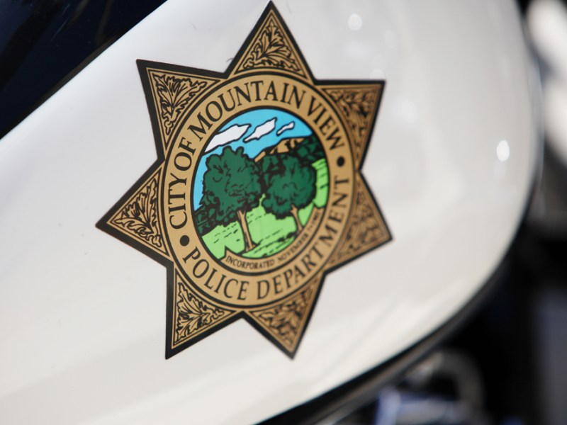 The Mountain View Police Department logo on a motorcycle. Embarcadero Media file photo by Michelle Le.