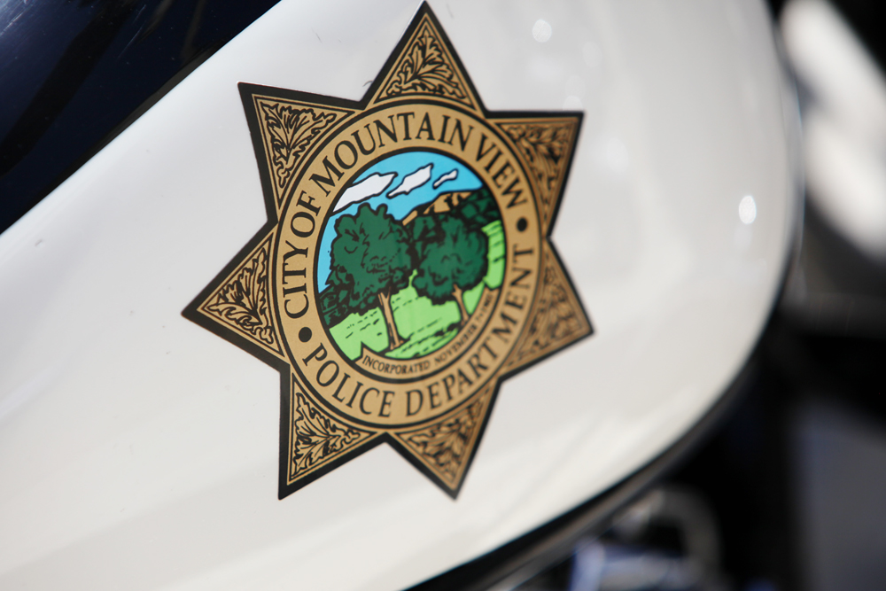 The Mountain View Police Department logo on a motorcycle